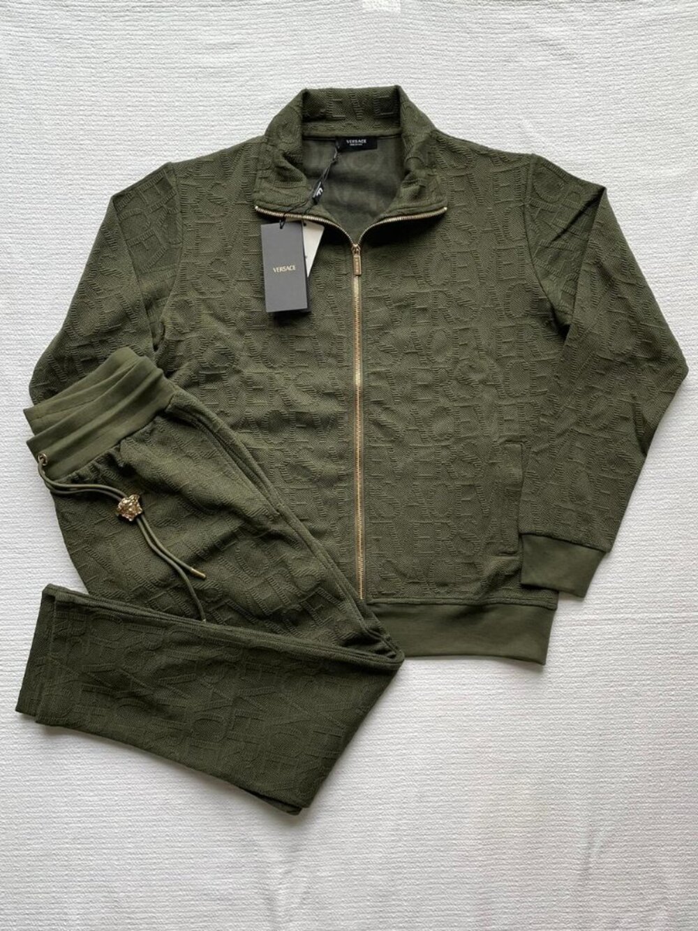 Versace Men's Green Embossed Logo Tracksuit Luxury Designer Set L